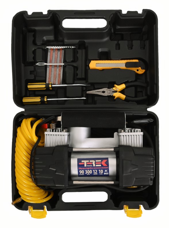 Компрессор «TREK» 803 двухцилиндровый, 90 л/мин, с фонарем (КЕЙС + шин.инструмент)
