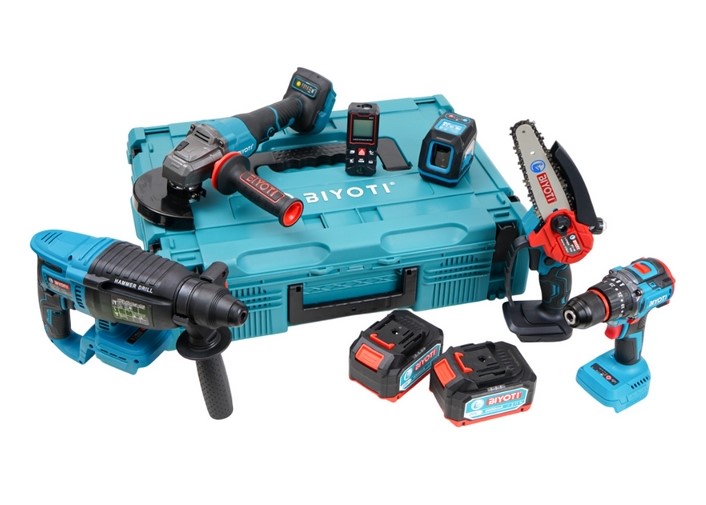 Набор BIYOTI 6 предмета, АКБ (УШМ, Шуруповерт, Перфоратор, Пила, Дальномер, Уровень) BYT-6TS05